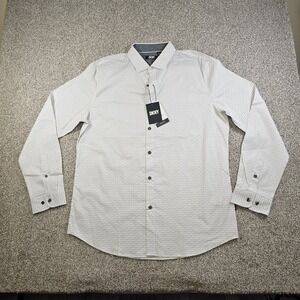 DKNY Shirt Mens Large White All Over Logo Stretch Button Up Classic NWT A6